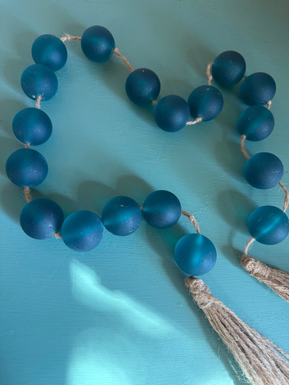 Oversized Teal Glass Bead Garland with Jute Tassels – 40” Boho Farmhouse Décor